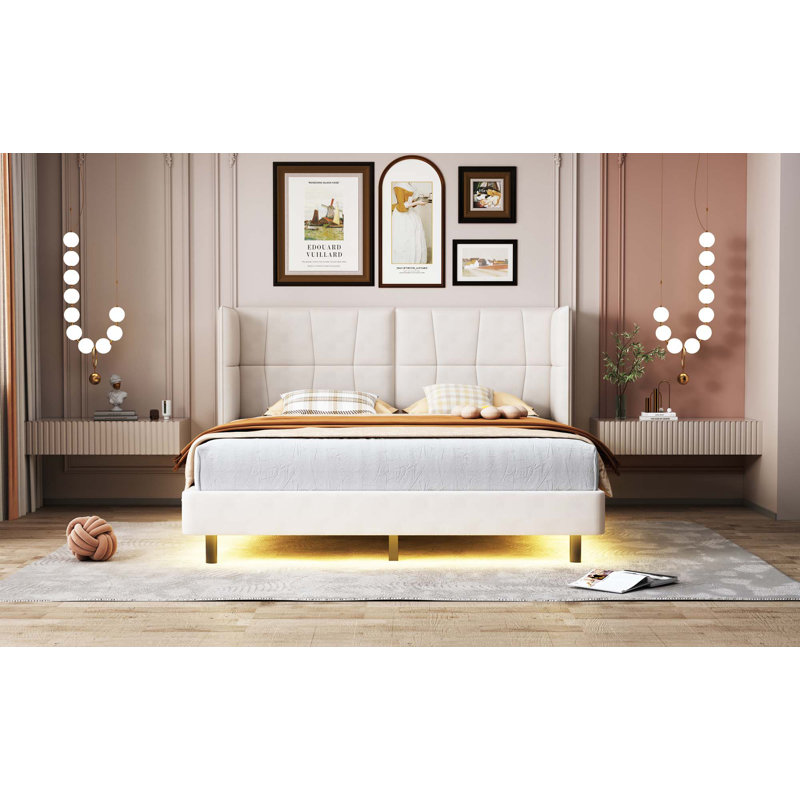 Queen Size Upholstered Platform Bed With LED Lights And U-Shaped Headboard,Linen Fabric, Beige