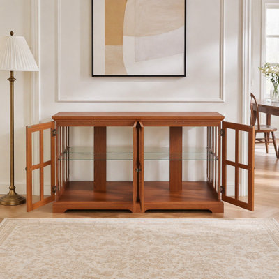 Vitrine rétro à DEL avec quatre portes et tablettes réglables, idéale pour mettre en valeur des objets de collection dans un décor de maison ou de bureau