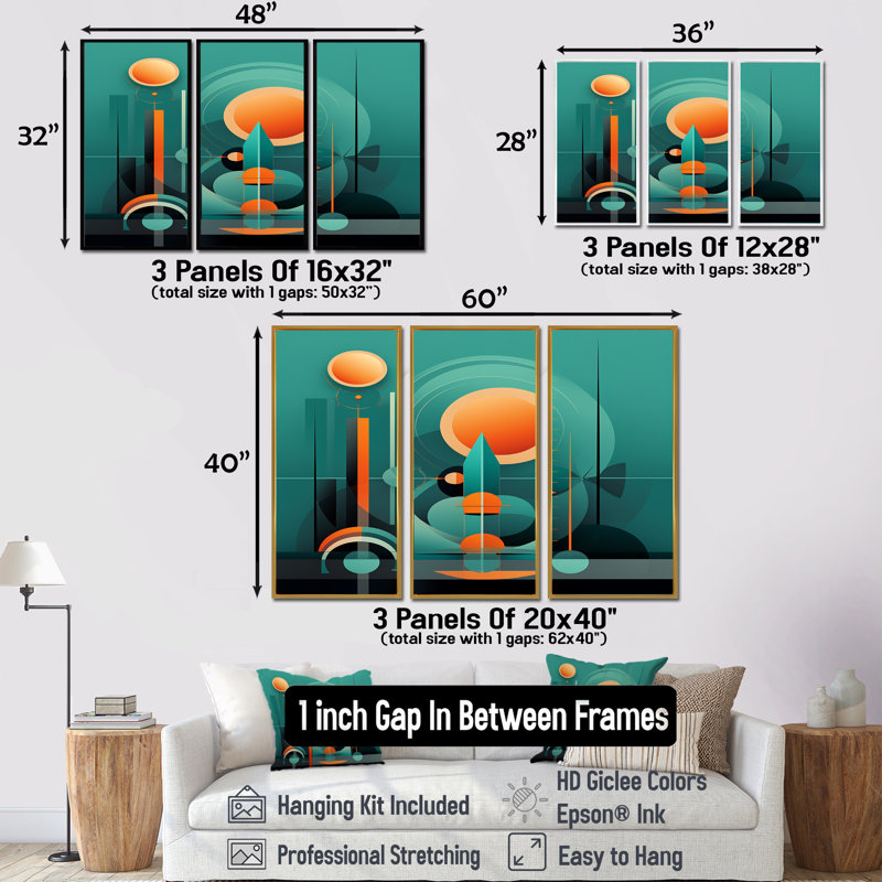 Ensemble d'art mural rétro moderne pleine lune City I - Mid-Century, H 40 po x l 60 po x P 1 po, Cadre flottant brun