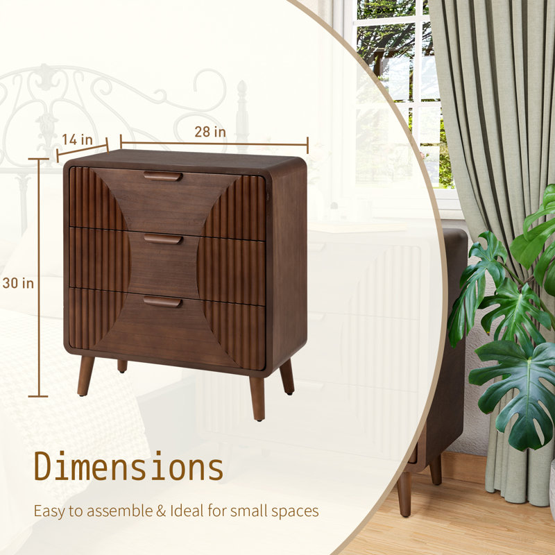 Table de chevet en bois cannelé de 71 cm de large avec trois tiroirs
