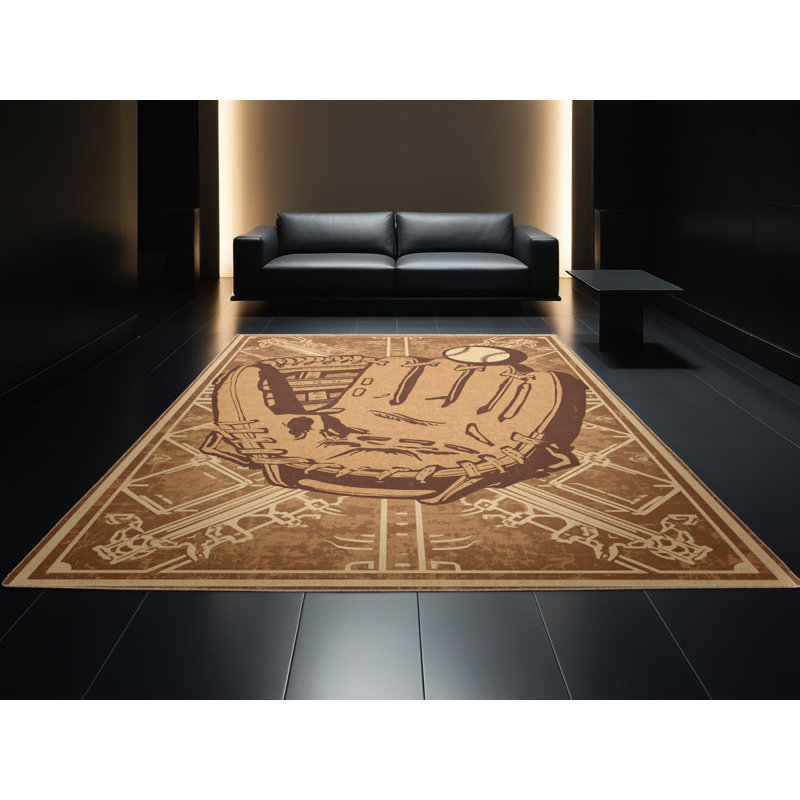 Machine Washable Medford Baseball Glove Catch Vintage Vintage Look Rug in Brown – Beige Binding, 7x10