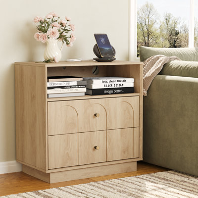 2 - Drawer Nightstand with Charging Station, Mid Century Modern Arched Design End Table with Storage Shelf, Bedside Table for Bedroom, Office
