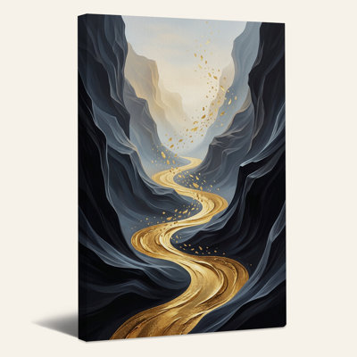 Tableau sur toile représentant une rivière dorée sinueuse dans un canyon bleu foncé