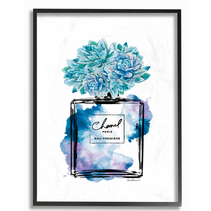 « parfum bouteille with blue florals », impression, H 30 po x l 24 po x P 1,5 po, Giclée encadrée noir minuit