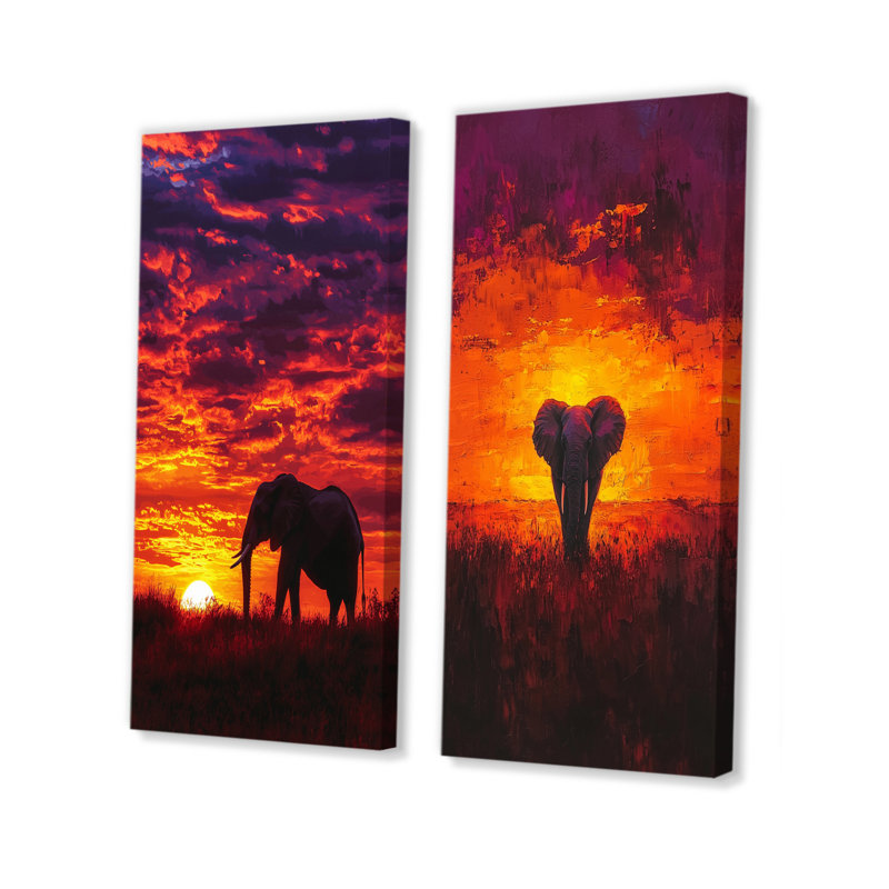Éléphant d'Afrique au coucher du soleil I - Collection d'art mural 2 animaux, 28" H x 25" W, Toile tendue