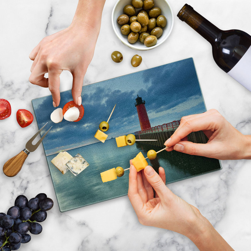 Ambesonne Wisconsin Tempered Glass Cutting Board Dramatic Sky Lighthouse Multicolor