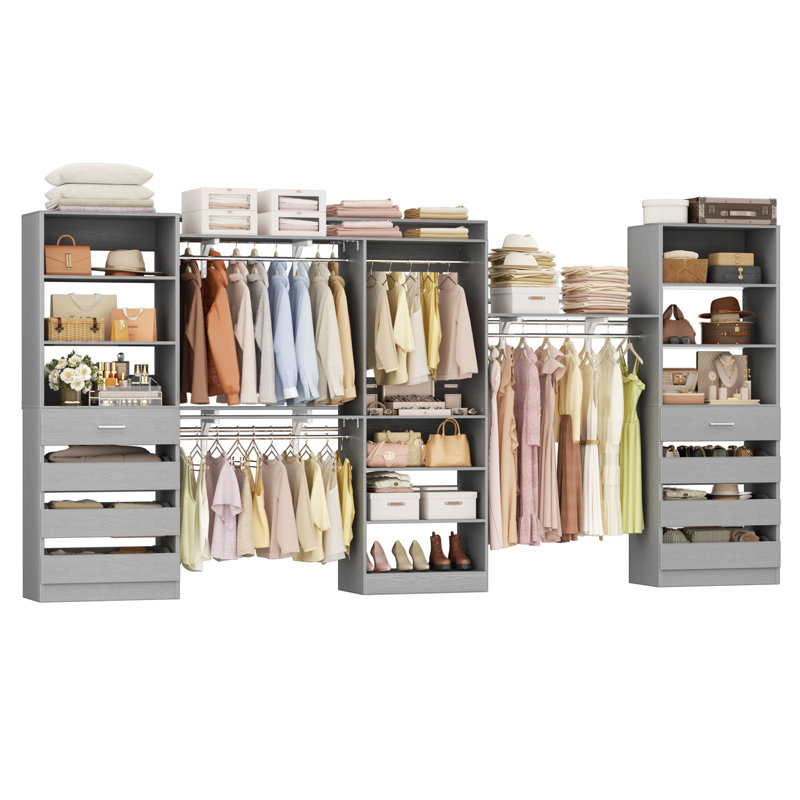 Seward Closet System With 8 Drawers, 4 Hanging Rods, Gray