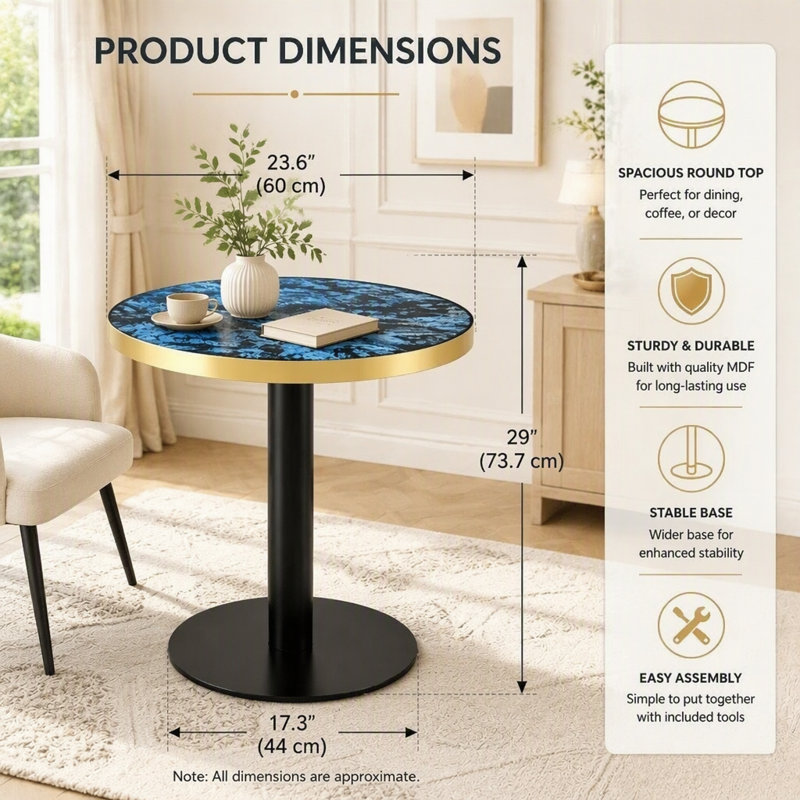 Table bistro ronde de 23,6 pouces avec bordure en acier inoxydable, Noir, or et bleu