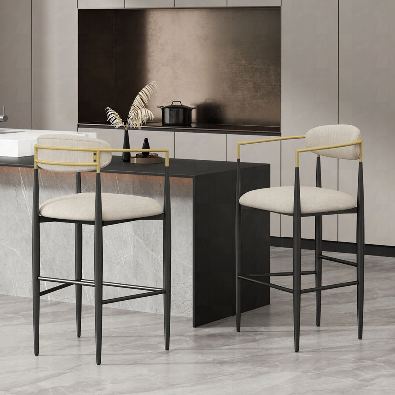 Ensemble de 2 tabourets de bar rembourrés, Noir, Tissu crème
