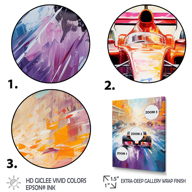 Popart Formule voiture sur la piste de course III - Art mural, Toile tendue, H 40 po x l 30 po x P 1,5 po