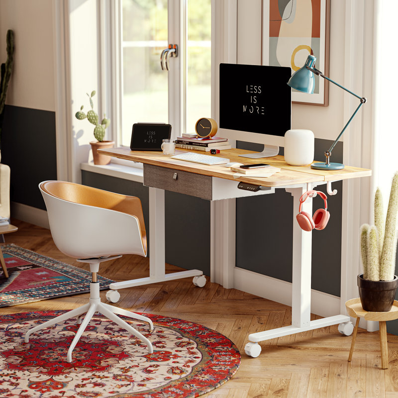 Bureau debout à hauteur ajustable avec tiroir, Rustique clair / blanc, H 27 po x l 63 po x P 24 po