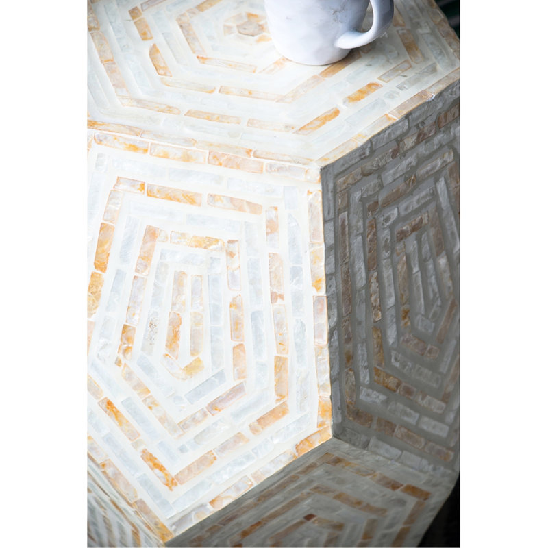 Hexagonal Capes Stool Of 18X18x21 Inches, Cream And Yellow Tones, Inlay Details, Diamond Forms, Employed As Or Side Table With Shades, Highlights, Acting A