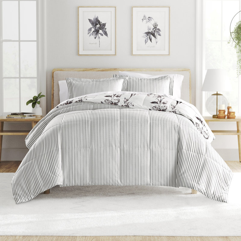 Gray All Season Down-Alternative Reversible Comforter Set in Vintage Magnolia Stripe, King Comforter + 2 King Shams