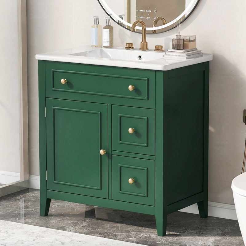 Meuble-lavabo simple avec plateau Thedis 30, Vert, Or