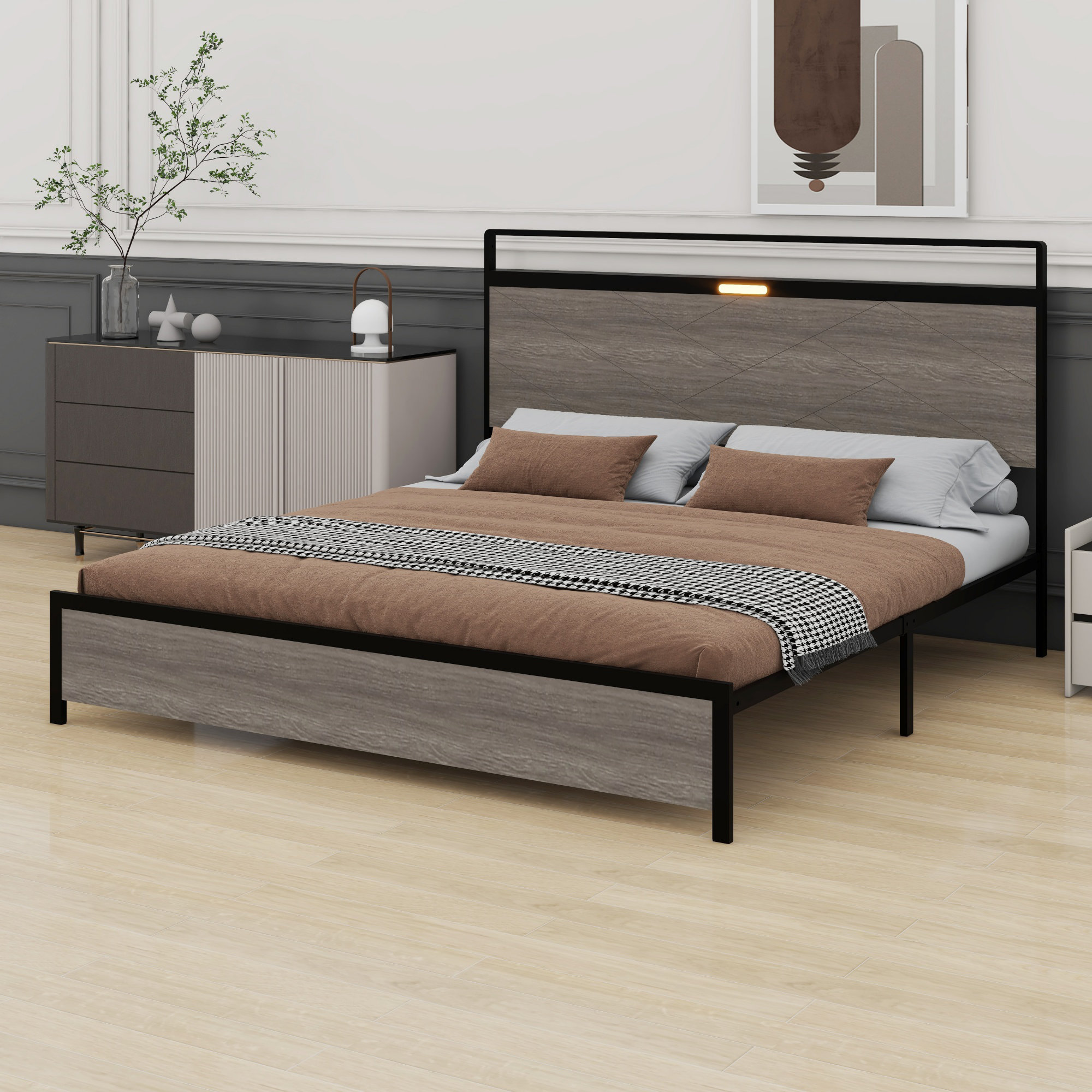 17 Stories Platform Bed Frame With Storage LED Light Headboard And 2 ...