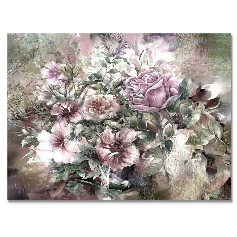 «Grunge Pink Grey Summer Flowers III», reproduction sur toile flottante, H 12 po x l 20 po x P 1 po, Toile tendue