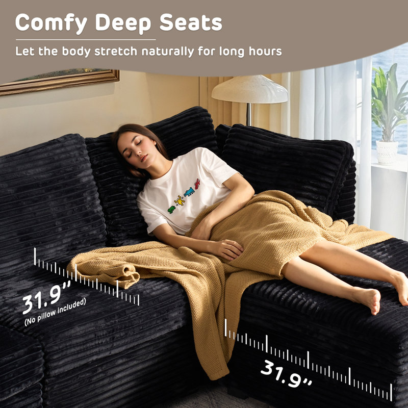 Corduroy 115.9" Module Sofa Seating Six, Corner Sectional with Ottoman,Can Be Free Combination, Black