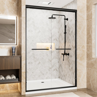 44"-48" W x 72" H Matte Black Aluminum Frame Double Sliding Shower Door, 1/4" (6mm) Clear Tempered Glass With Explosion-proof Film, Dual Stainless Steel Handles