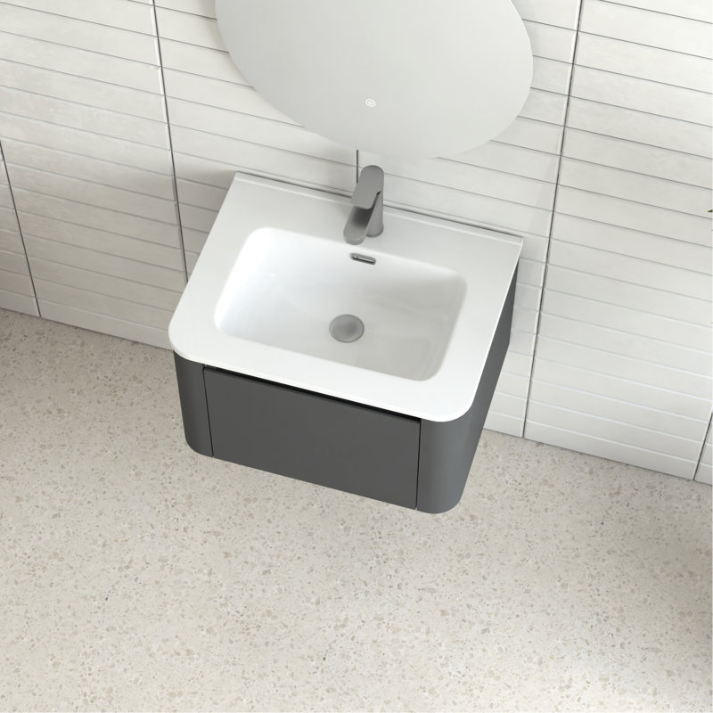 24-Inch Wall Mounted Grey Bathroom Vanity, White Ceramic Integrated Basin, 45 Angled Handle, Soft-Close Drawer, Waterproof Plywood, Ample Drawer Storage, Style, Easy Installation Structure, Storage