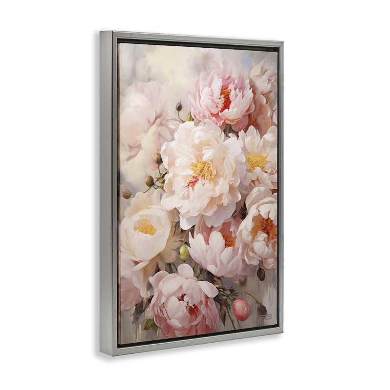 Collage de pivoines roses, toile flottante encadrée par Roozbeh Bahramali, Cadre flottant gris lustré, H 20 po x l 30 po