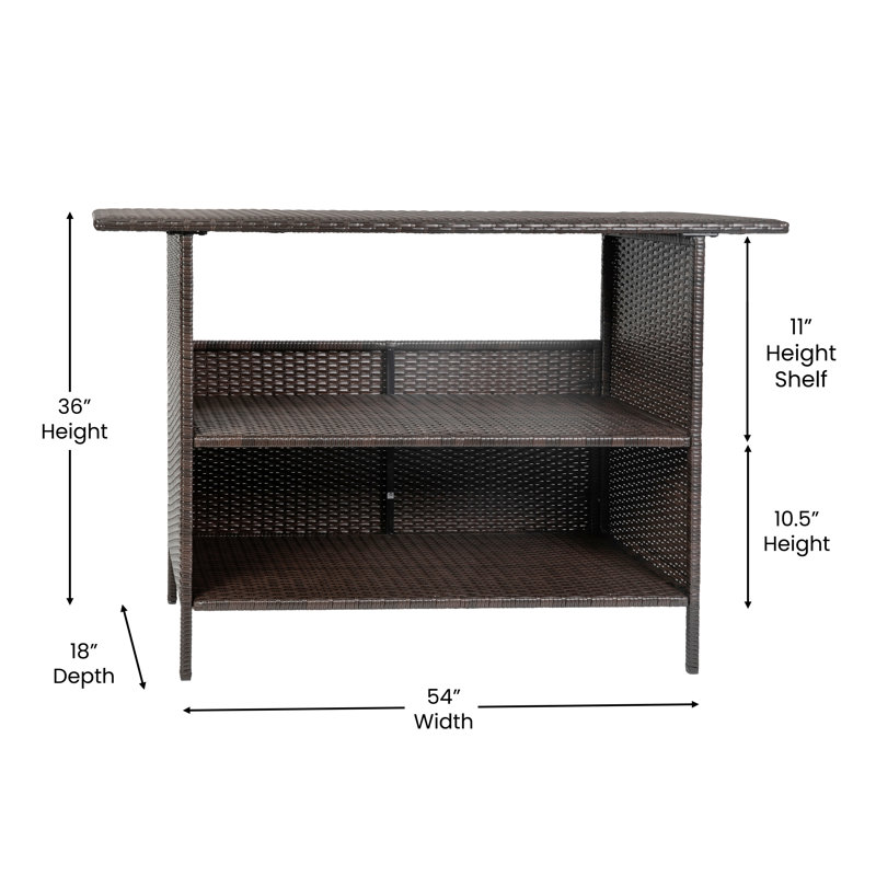 Rimah Rectangular Indoor/Outdoor Wicker Rattan Patio Bar Counter Table with Two Shelves, Brown, Brown