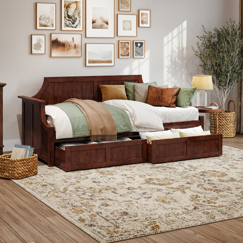 Antavious Coastal Cottage Solid Wood Twin Daybed with Storage Drawers, Walnut