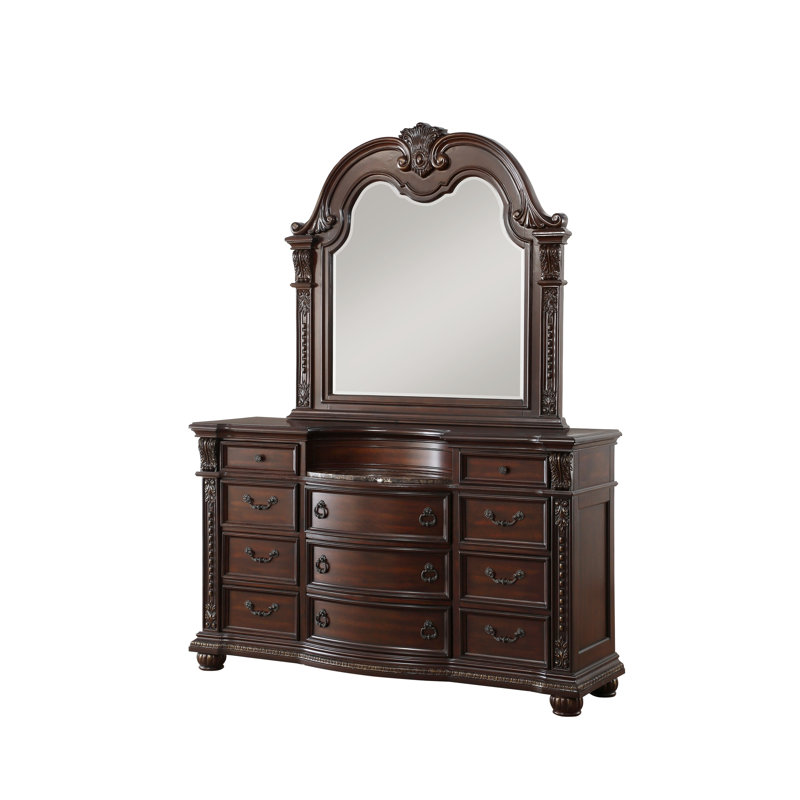 Commode de luxe 1 pièce à finition cerisier foncé avec 11 tiroirs avec insert en marbre véritable et basculement doré