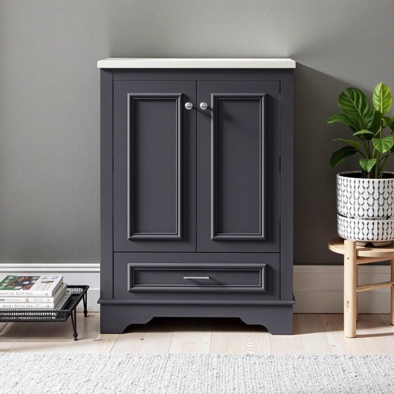 Meuble-lavabo autoportant avec portes à fermeture douce et poignées argentées 24 po Modern Blue Grey, Gris, Argent argent