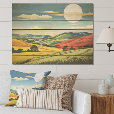 Minimalist Colorful Mountain Valley III - Meadow On Wood Print