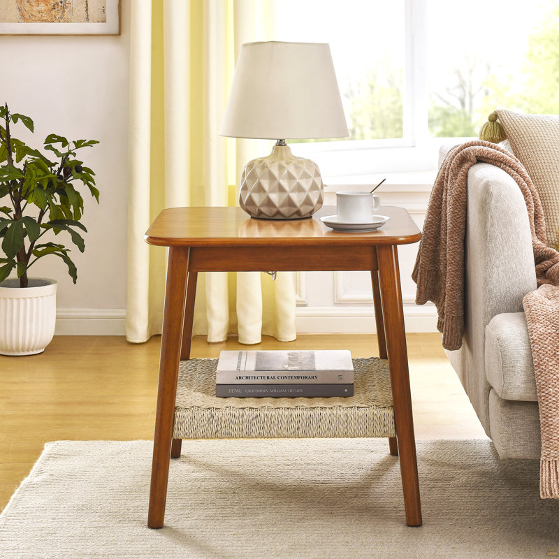 Table d'appoint 23 "avec tablette tissée, table d'appoint Boho avec rangement, tables de chevet, petite table d'appoint