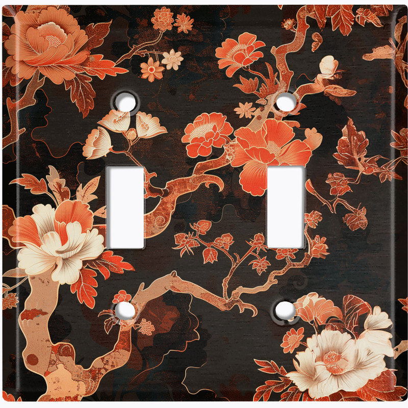 Couvercle de plaque d'interrupteur en métal; Bascule de taille standard US 2 - Art floral asiatique traditionnel, Double # 2