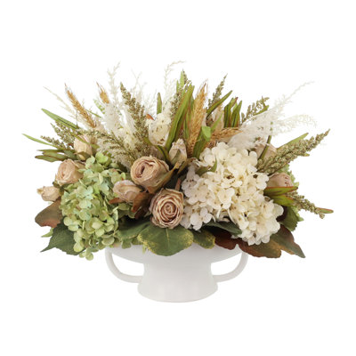Fall Hydrangea and Roses Arrangement in Ceramic Bowl