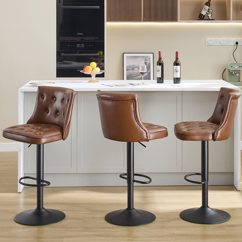 Faux Leather Swivel Adjustable Height Bar Stool with Backs Set of 3, Brown, 3
