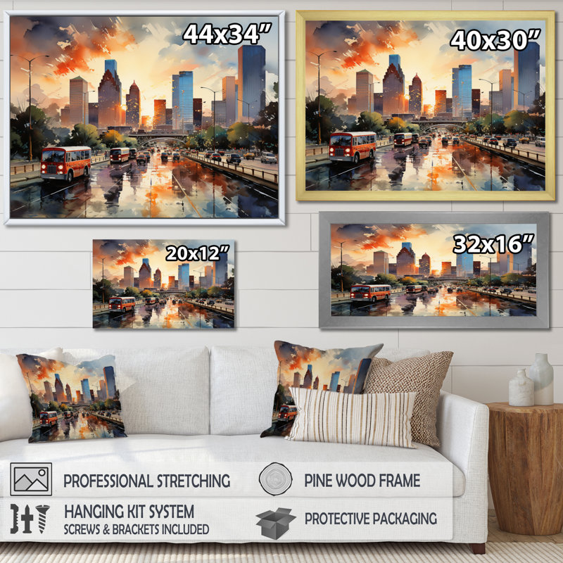 Houston City Horizons I sur impression sur toile, H 30 po x l 40 po x P 1,5 po, Cadre naturel flottant