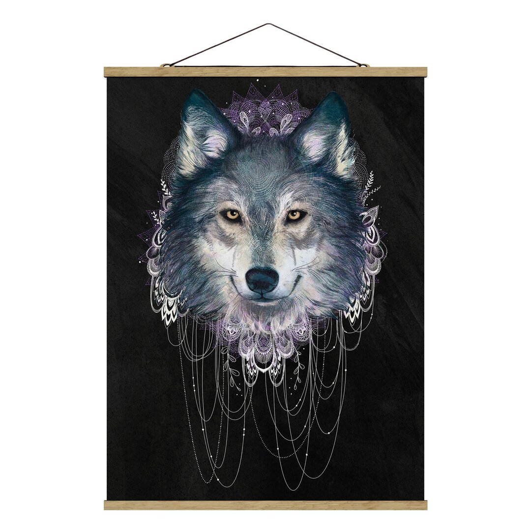 Stoffbild Illustration Wolf mit Boho Dreamcatcher Schwarz von Laura Graves