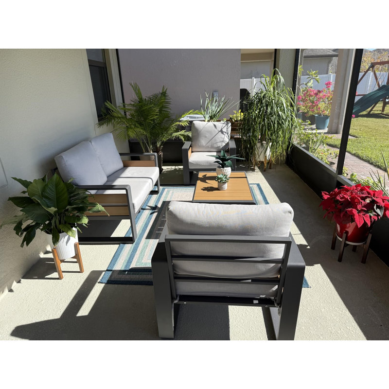 Ensemble de mobilier d'extérieur moderne 5 pièces, ensemble de conversation en aluminium avec coussins épais et table basse, cadre en métal résistant aux intempéries pour terrasse de jardin