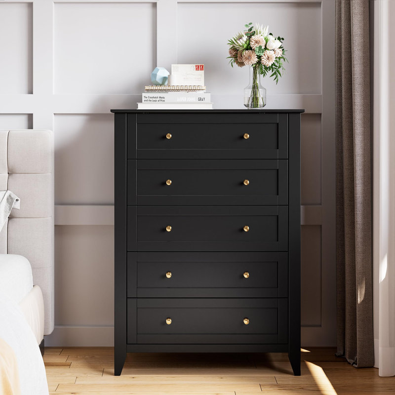 5 Drawer Tall Modern Dresser with Metal Knobs, Wooden Storage Chest for Bedroom Entryway Hallway, Black