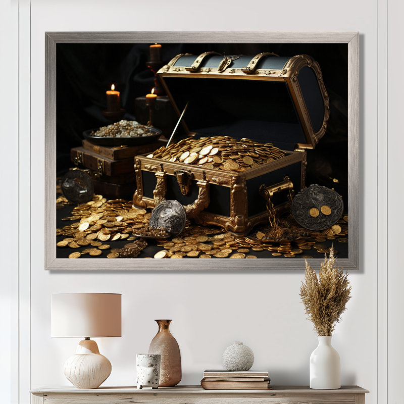 Pirate s Gold treasure 2 - art mural pirate, Cadre flottant brun, H 24 po x l 32 po x P 1 po