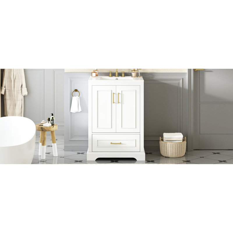 Meuble-lavabo moderne de 24 po comprenant un lavabo en céramique, un pied en bois massif et deux tablettes pour un cadre de rangement spacieux, fonctionnel et fonctionnel, une solution pratique et spacieuse