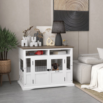 Dog Crate Furniture Side End Table With Storage, 41" Modern Wooden Dog Kennel Furniture With Double Doors For Small And Medium Dogs, White