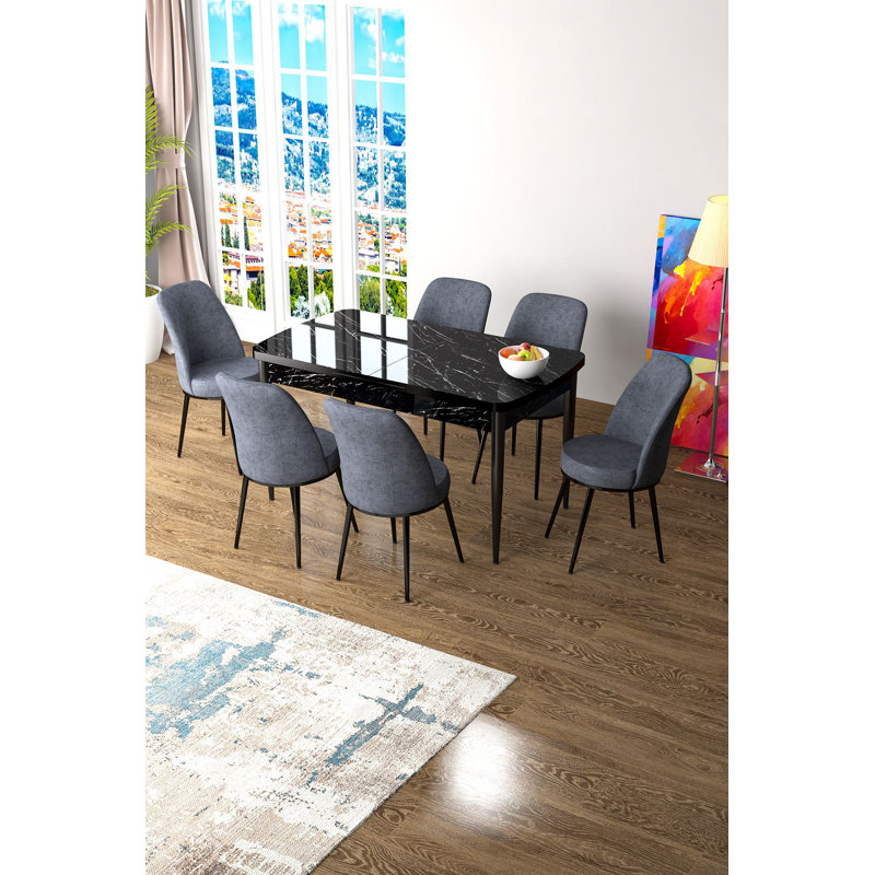 Ensemble de table et chaises de salle à manger extensible (7 pièces), Noir, H 30,7 po x l 52 po x P 31,5 po, Fumée