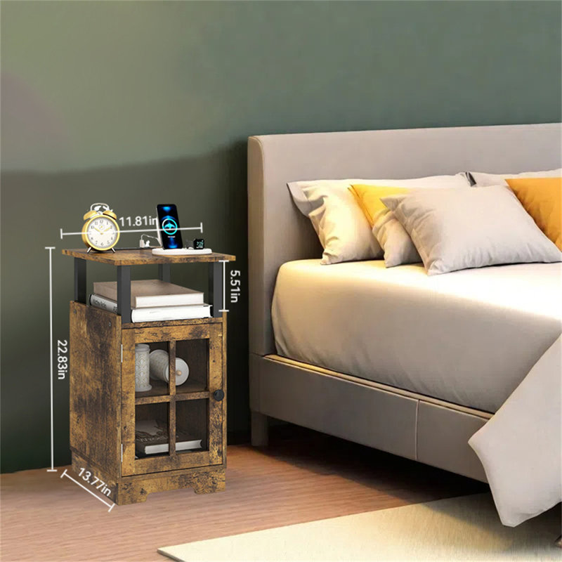 Table de chevet multifonctionnelle avec station de charge et rangement, Brun