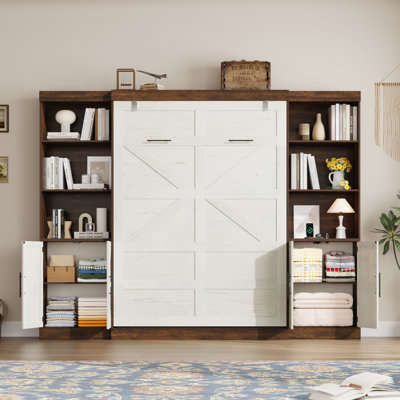 Murphy Bed With 2 Side Storage Cabinets, LED Lights, And Charging Station,  No Box Spring Needed, For Home Office