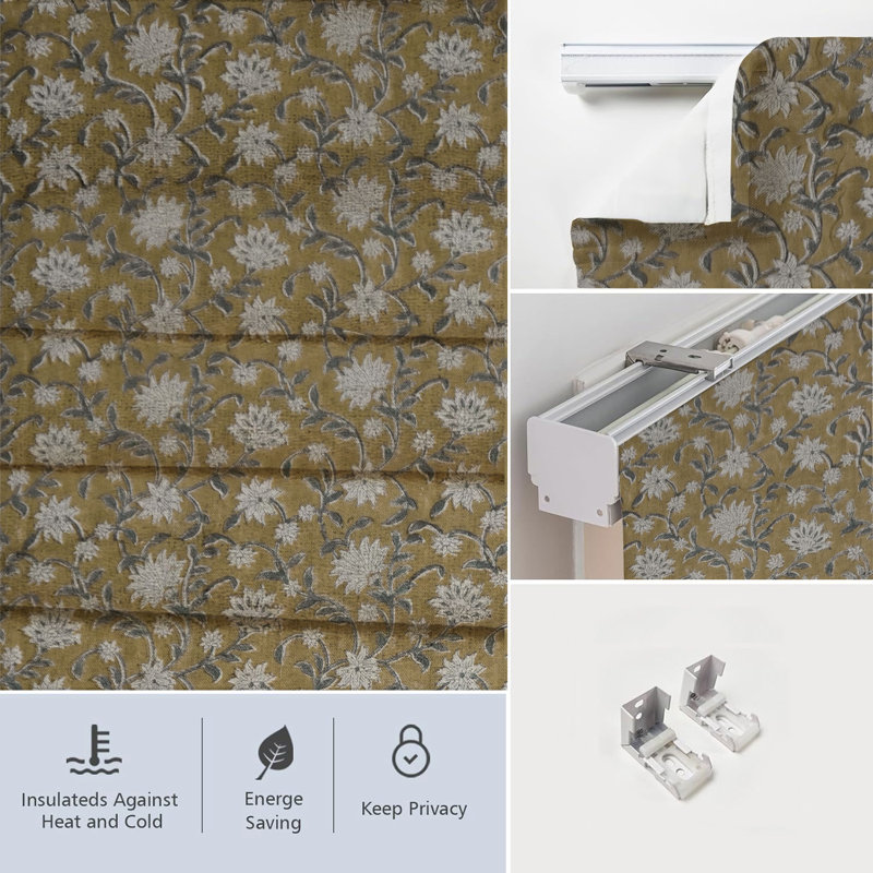 Fabdivine Floral Hand Block Print Thick Linen Roman Shade for Windows, French Doors, Green or Gray 100% Blackout Room Darkening Soft Cozy Fabric, Roll Up Blinds for Door, Aradhana