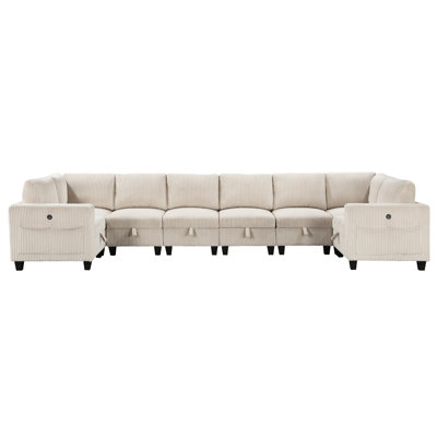 8 Modular Sectional With Storage Seats, Side Pockets, Beige Corduroy & Charging Ports 8 Storage, Solid Wood Base