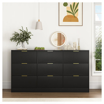 Black 9 Drawer Dresser, 63" Large Deep Chest of Drawers, Wooden Dresser Storage Cabinet with 9 Drawers for Bedroom, Long Dressers for Living Room, Hallway, Drawer panel with wavy patterns