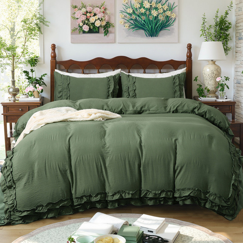 Olive Green Comforter Set Queen Ruffled Bedding Comforter Dark Green Ruffle Fringe Decor Bedding Super Soft Cozy Farmhouse Country Quilt Comforter