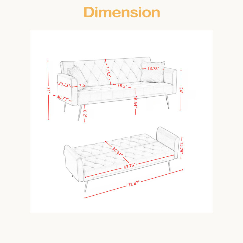 Modern Convertible 72.87 Inch Foldable Sleeper Sofa With Tufted, American Retro Style, Made Of Velvet Material, Beige