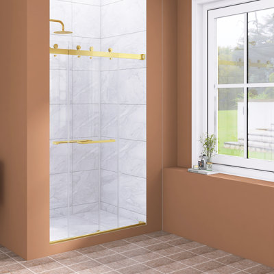 43-48 "W X 76" H Reversible Installation Double Bypass Sliding Frameless Shower Door In Brushed Gold ｜L-Shaped Bottom Rail  ｜5/16"(8MM)   SGCC Tempered Clear Glass｜Explosion Proof Film ｜NANO Easy Cleaning Coating｜Dry-Wet Separation