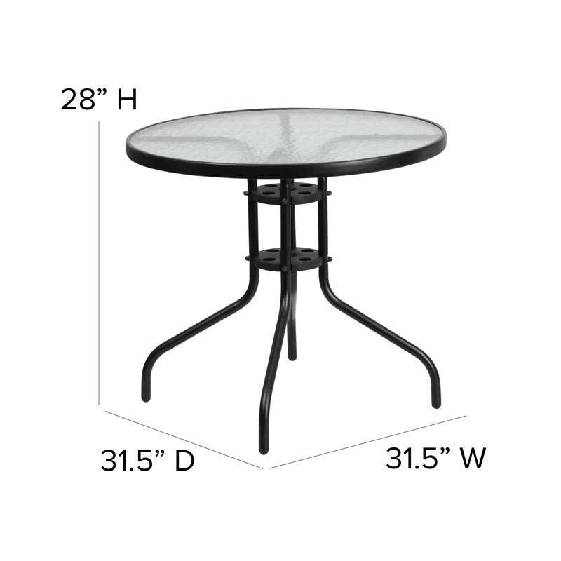 Amlie 31.5" Round Tempered Glass Metal Table with Smooth Ripple Design Top, Black